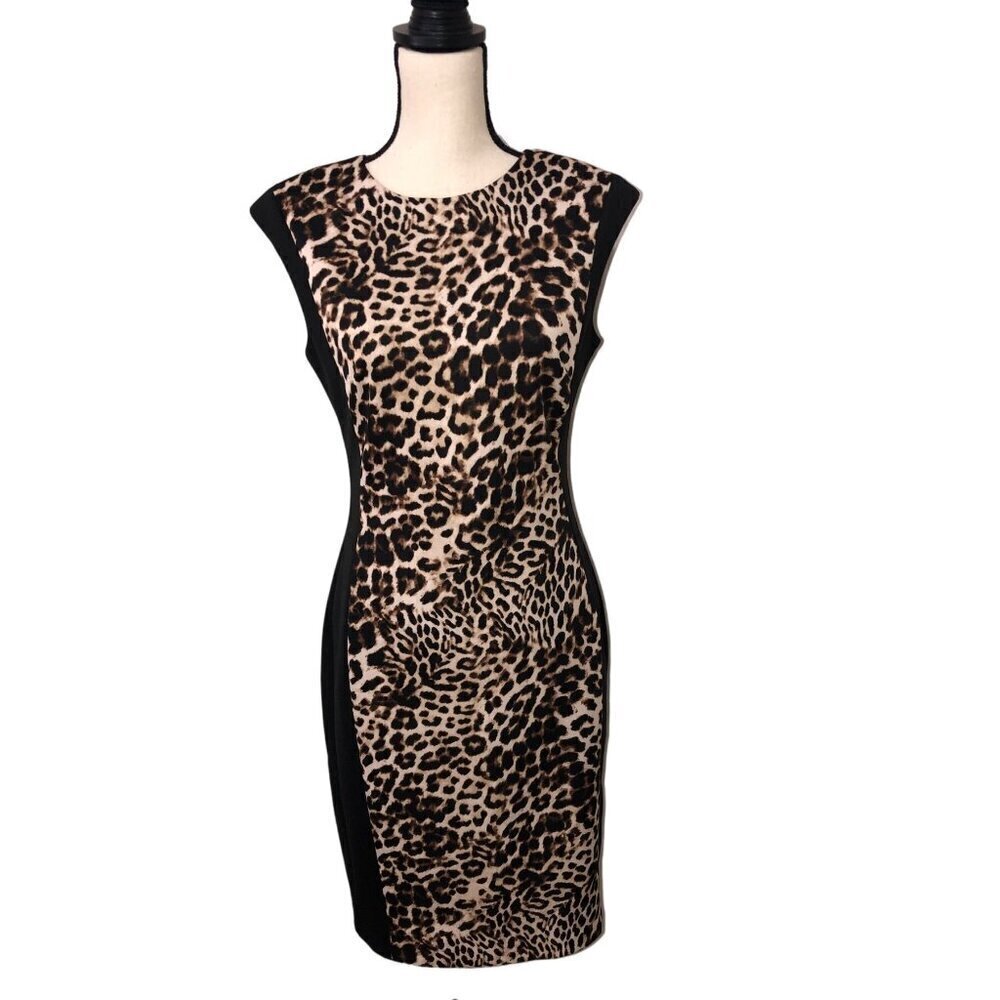 Leopard Print Dress Size 6 Autumn Wedding Guest Scuba Knit Sheath Sleeveless Mob